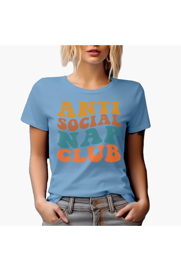 Anti Social Nap Club, Funny Group Name for Introvert Nap or Sleep Lovers, Groovy Retro Wavy Text Merch Gift, Baby Blue T-Shirt, Medium