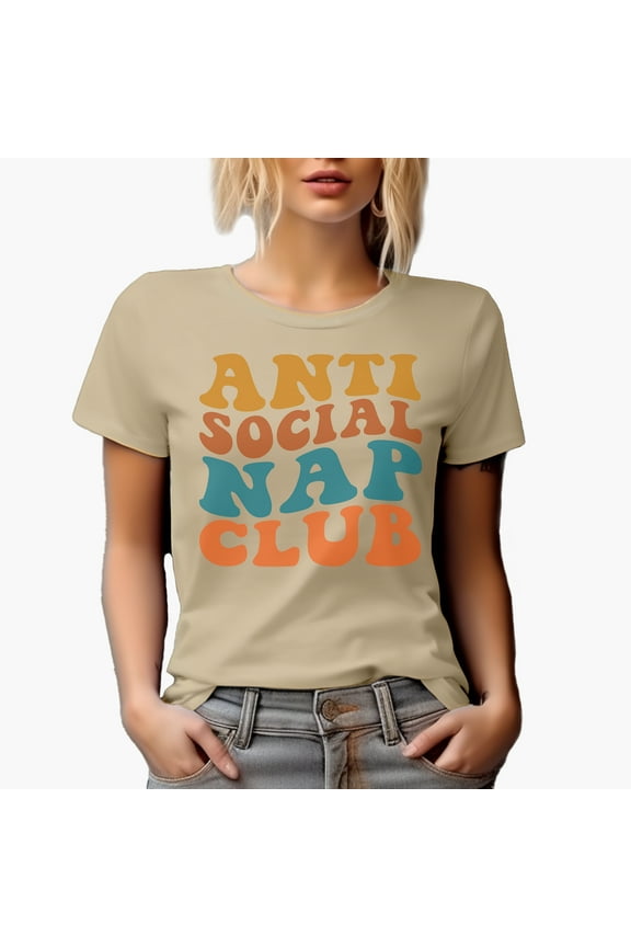 Anti Social Nap Club, Funny Group Name for Introvert Nap or Sleep Lovers, Groovy Retro Wavy Text Merch Gift, Tan T-Shirt, Medium