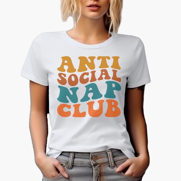 Anti Social Nap Club, Funny Group Name for Introvert Nap or Sleep Lovers, Groovy Retro Wavy Text Merch Gift, White T-Shirt, XL