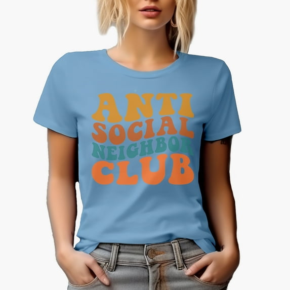 Anti Social Neighbor Club, Funny Group Name for Introvert Neighbors, Groovy Retro Wavy Text Merch Gift, Baby Blue T-Shirt, XL