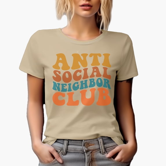 Anti Social Neighbor Club, Funny Group Name for Introvert Neighbors, Groovy Retro Wavy Text Merch Gift, Tan T-Shirt, Medium