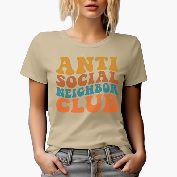 Anti Social Neighbor Club, Funny Group Name for Introvert Neighbors, Groovy Retro Wavy Text Merch Gift, Tan T-Shirt, XL