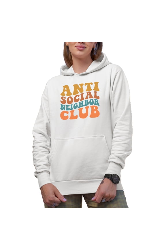 Anti Social Neighbor Club, Funny Group Name for Introvert Neighbors, Groovy Retro Wavy Text Merch Gift, White Hooded Sweatshirt or Hoodie, Small