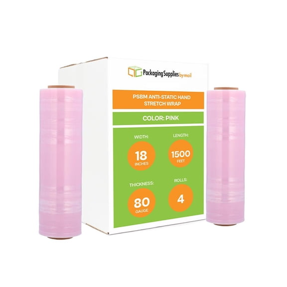 PSBM Anti-Static Stretch Wrap, 4 Pack, 18 Inch x 1500 Feet, 80 Gauge, Pink, Down Gauge Large Plastic Cling Film for Pallets Moving Storing