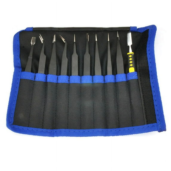 Anti-Static Tweezers Combination Set Cloth Bag 10-Piece Set Elbow Pointed Flat Head Precision Stainless Steel Tweezers.