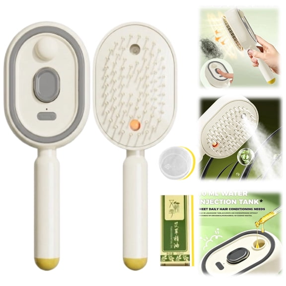 Anti-Tangle Self-Clean Steam Massage Comb, Electric Spray Air Cushion Massage Comb Rechargeable Powered, Red Light & Mist Infusion Design Reduces Static and Nourishes Curly Frizzy Hair Daily Beige