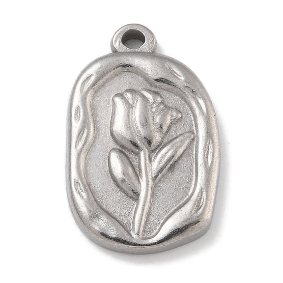 Anti-304 Stainless Steel Pendants Oval with Flower Charm Stainless Steel Color 19.5x12.5x2.5mm Hole: 1.4mm