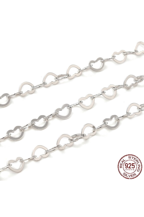 Anti-Tarnish Rhodium Plated 925 Sterling Silver Heart Link Chains Soldered Platinum 3x4x0.5mm