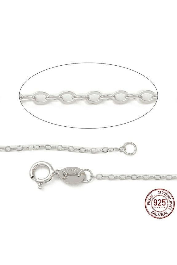 Anti-Tarnish Rhodium Plated Sterling Silver Necklaces Cable Chains with Spring Ring Clasps Thin Chain Platinum 18 inch 1mm