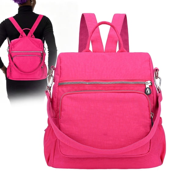 Anti-Theft Backpack Purse - Convertible Nylon Daypack, Shoulder Bag & Satchel - Casual Lightweight Travel Backpack with Water Bottle Pockets - Rose red