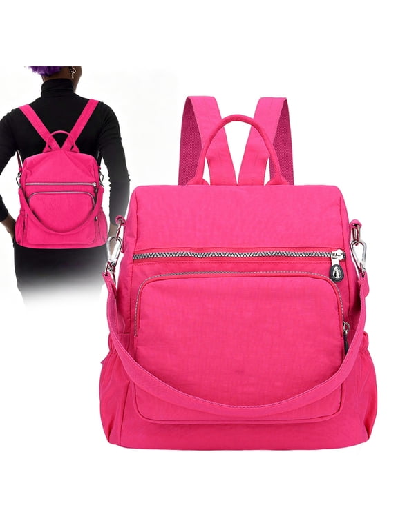 Anti-Theft Backpack Purse - Convertible Nylon Daypack, Shoulder Bag & Satchel - Casual Lightweight Travel Backpack with Water Bottle Pockets - Rose red