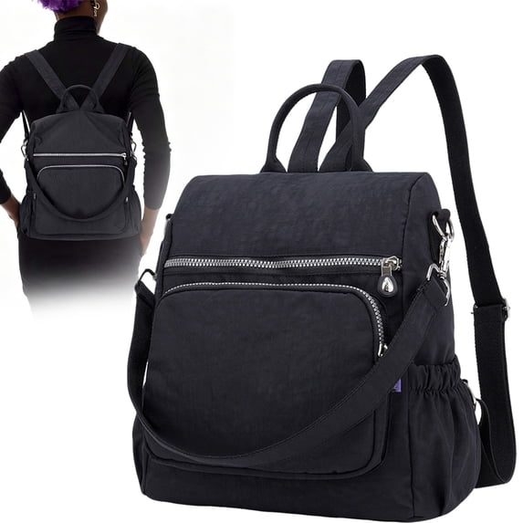 Anti-Theft Backpack Purse - Convertible Nylon Daypack, Shoulder Bag & Satchel - Casual Lightweight Travel Backpack with Water Bottle Pockets - Black