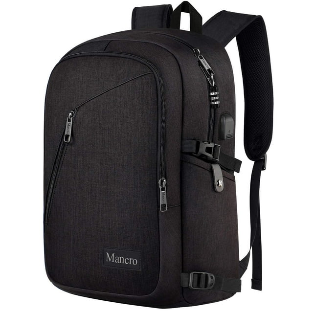 Anti Theft Business Laptop Backpack with USB Charging Port Fits 15.6 inch Laptop, Slim Travel College Bookbag for MacBook Computer, School Computer Bag for Women & Men by Mancro (Black)
