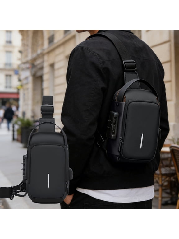 Anti-Theft Crossbody Bag with Combination Lock, Everyday Use Shoulder Chest Bag for Men, Waterproof PU Leather, Black/Gold/Gray