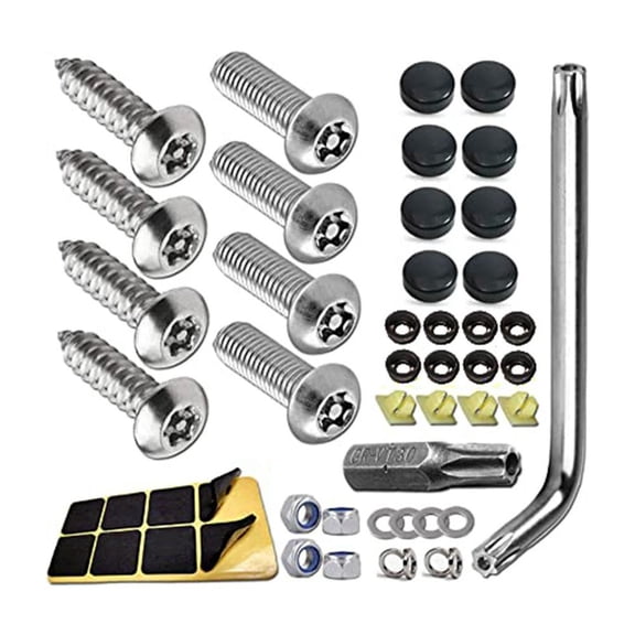 Anti-Theft License Plate Screws Kit in Silver and Black, Made of Steel for General Use