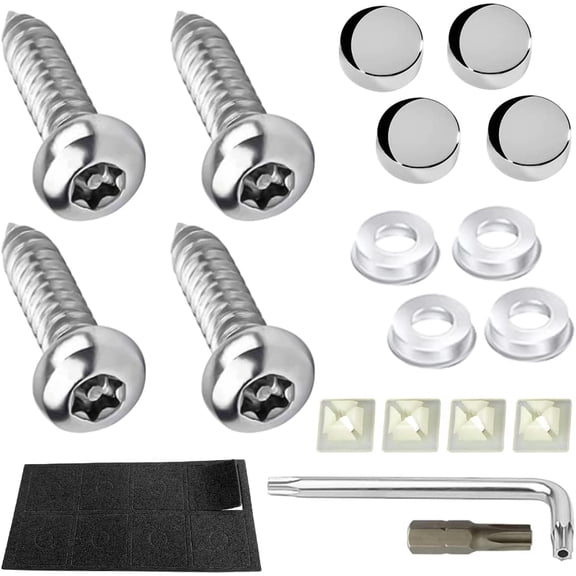 Anti Theft License Plate Screws Kits- Rustproof Stainless Steel Car Tag Mounting Hardware, M6 (1/4") Tamper Proof Fastener Nut, Caps Cover for Front Rear Frame Holder MountingAT-Silver/4