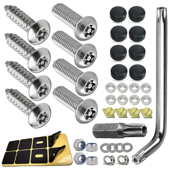 Anti Theft License Plate Screws- Stainless Steel Bolt Fasteners Kits for Car Tag Frame Holder, Tamper Resistant Mounting Hardware,1/4"(M6) Security Screw Set,Rust Proof, Black Screw Caps