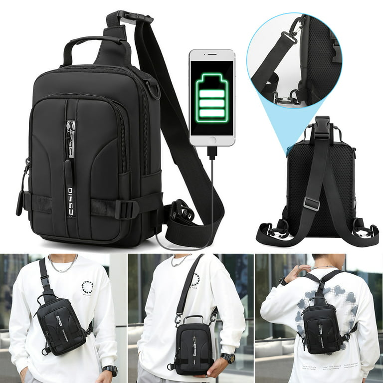 Anti-Theft Men's Sling Bag, Crossbody Shoulder Backpack with USB