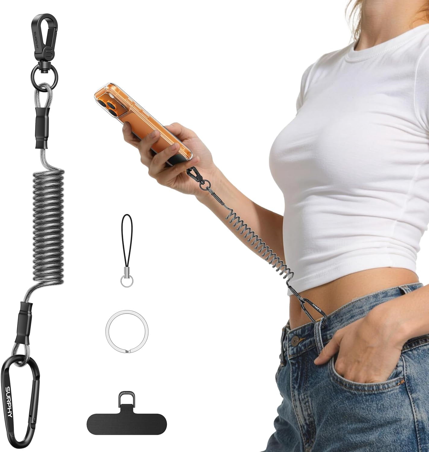 Anti Theft Phone Strap, Sturdy Steel Wire Key Chain, Stretchy Retractable Phone Lanyard with Carabiner, Cellphone Lanyard for Outdoor Fishing Climbing Hiking Boating Skiing, Black