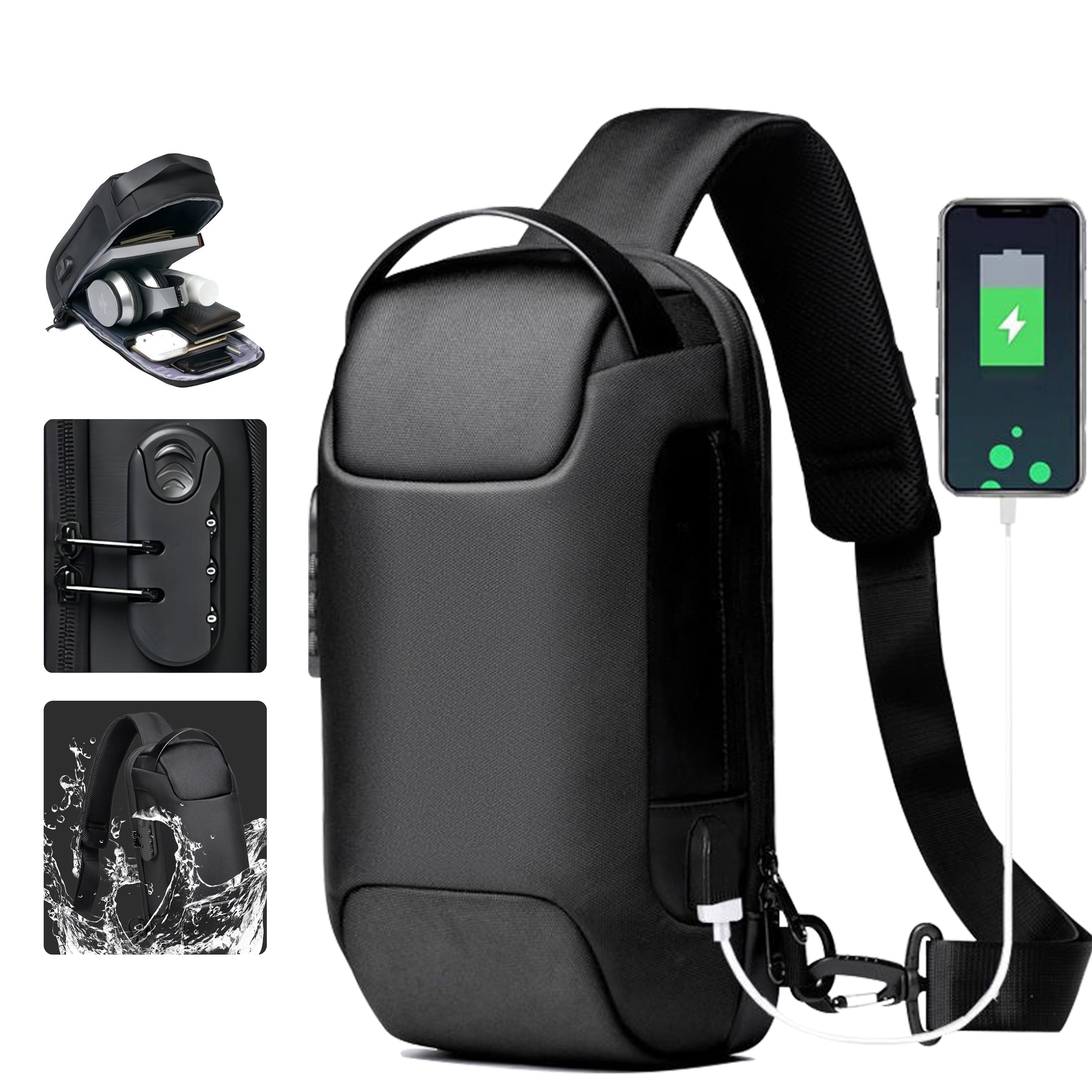 Anti Theft Sling Bag Shoulder Crossbody Backpack Waterproof Chest Bag with  USB Charging Port Lightweight Casual Daypack，Black