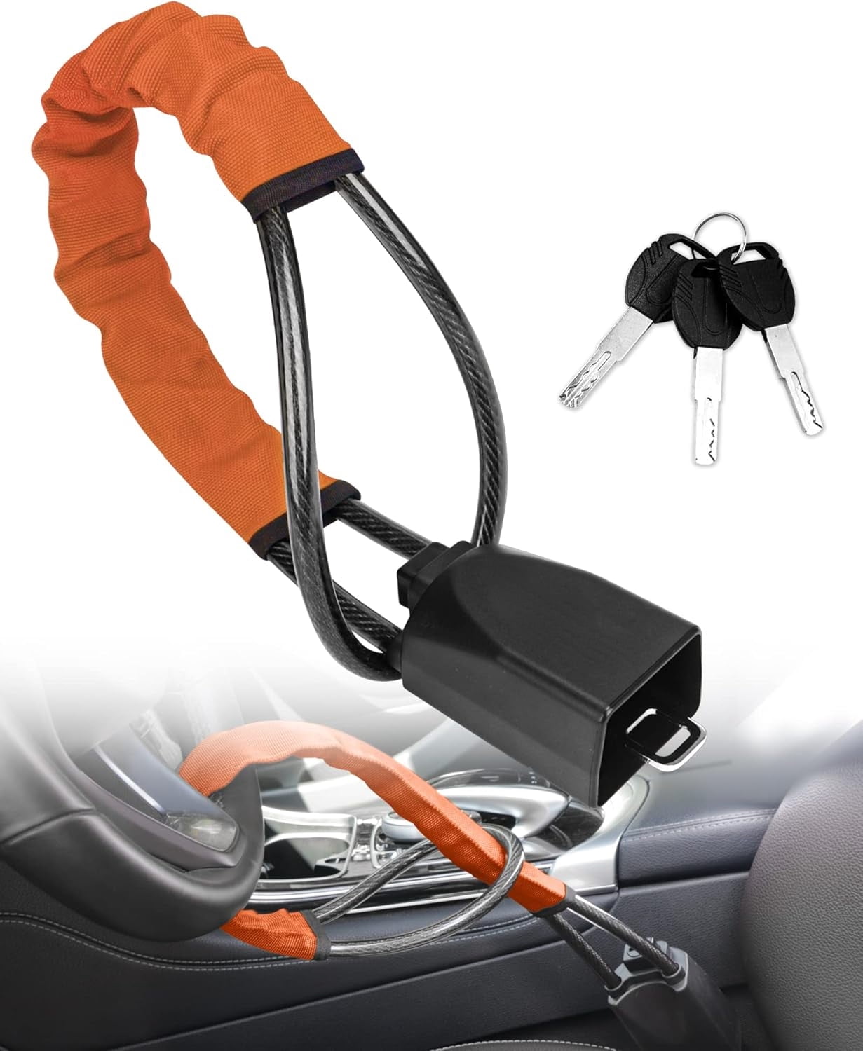 Anti Theft Steering Wheel Lock with 3 Keys, Orange, Key Lock Type ...