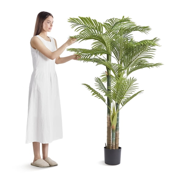 Anti-Tip Artificial Gold Cane Palm Tree 6.5 FT, PE Realistic Green Leaves  Fake Plant for Home Warehouse Office Indoor/Outdoor Decor
