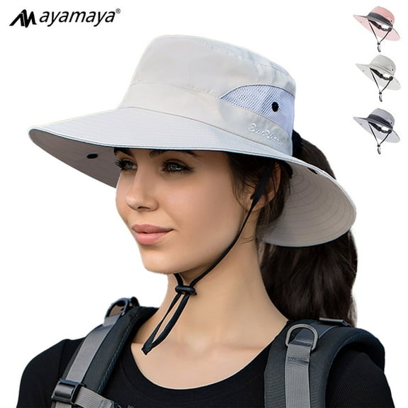 Women's Ponytail Sun Hat, AYAMAYA Wide Brim Waterproof Summer Fishing Hat UV Protection for Outdoor Safari Beach,Beige