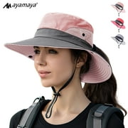 Anti UV Sun Hat with Mesh & Wide Brim, AYAMAYA Waterproof Summer Fishing Hat, Lightweight Foldable Ponytail Hat for Outdoor Safari, Beach(Pink)