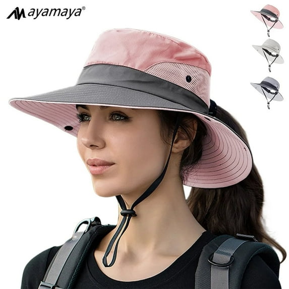 Women's Ponytail Sun Hat, AYAMAYA Wide Brim Waterproof Summer Fishing Hat UV Protection for Outdoor Safari Beach, Pink