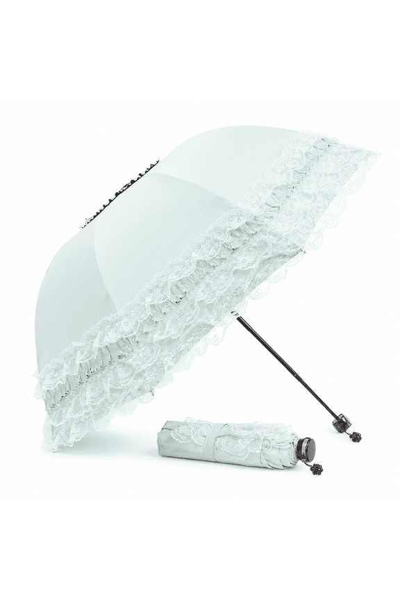 Anti-UV Umbrella with 5-Layer Lace Trim, 3-Fold Compact Sun & Rain Parasol with Heavy Duty Black Glue Coating and Windproof Steel Ribs for Commuting, Weddings, and Travel, Vintage Cream
