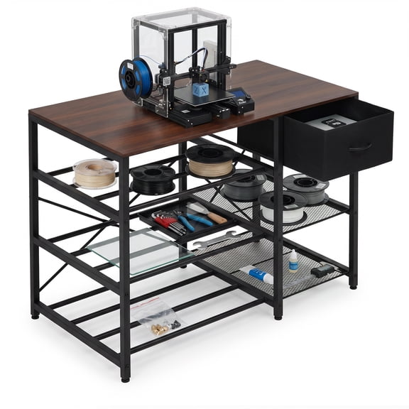 Anti-Vibration 3-Tier 3D Printer Stand Table with Power Outlet and Drawer, Heavy-Duty Workstation Filament Storage Rack, Black/Vintage Finish