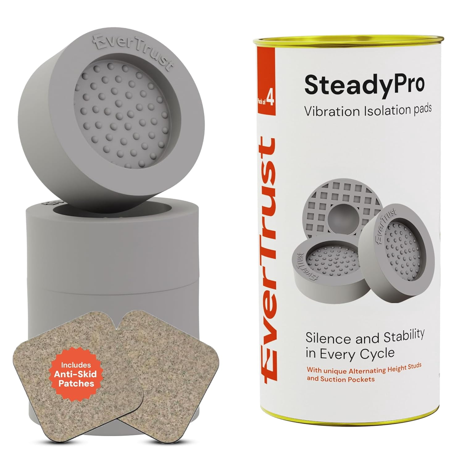 Anti Vibration Pads for Washing Machine and Dryer - Pack of 4. Stops Noise & Machine Vibrations- Enhanced Cushion and Anti Slip Design with Suction Pockets - SteadyPro (Gray+Fire Retardant)