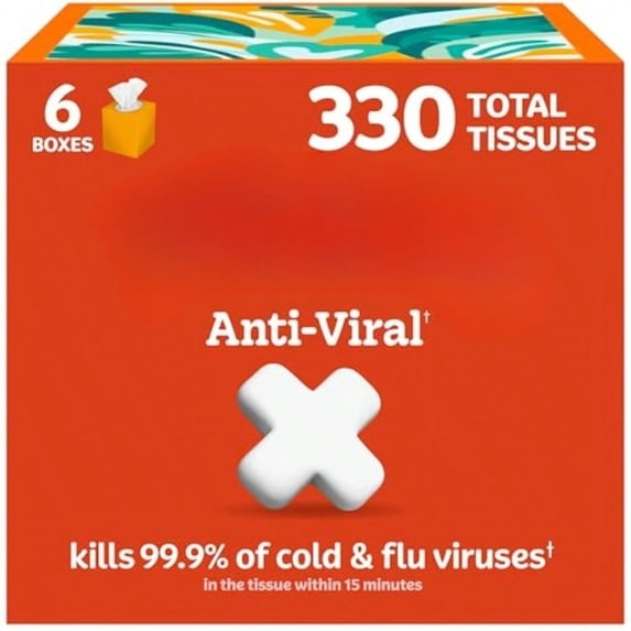 Anti-Viral Facial Tissues, 6 Cube Boxes, 55 Tissues per Box, 3-Ply (330 Total), Packaging May Vary