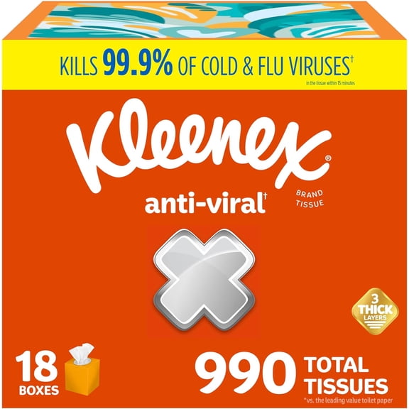 Anti-Viral Facial Tissues, Classroom or Office Tissue, 18 Cube Boxes, 55 Tissues per Box, 3-Ply (990 Total Tissues)