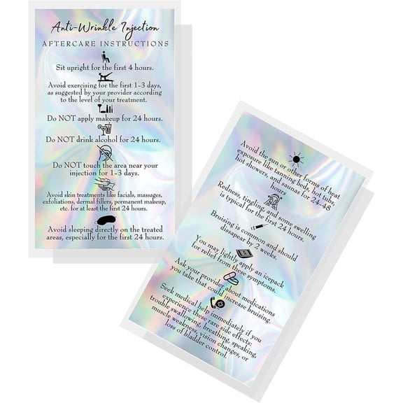 Anti-Wrinkle Injection Aftercare Card  50 Pack  Physical Printed 2x3.5 inches Business Card Size  Non-Reflective Matte Holographic Look Design