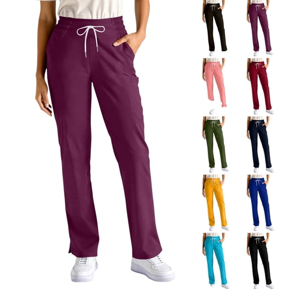 Anti-Wrinkle Scrub Pants for Women Four Way Stretch Slim Fit Yoga Waistband Jogger Medical Uniform Work Pants Dark Purple S