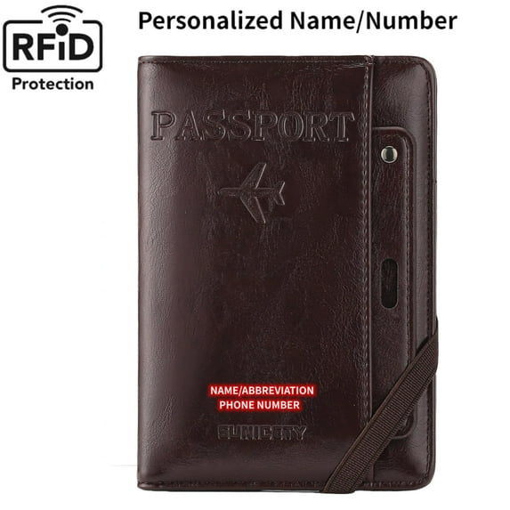 Anti-lost Passport Holder, Personalized Passport Card Holder for Travel Women Men Passport Wallet Rfid Blocking with Card Slots and Pen Holder, Coffee