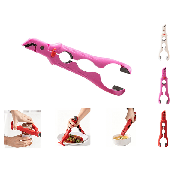 Anti-scald Bowl Clamp 3-in-1 Heat-Resistant Kitchen Tongs with Built-in Jar Opener Multi-angle Hot Plate Gripper Tongs(Pink)