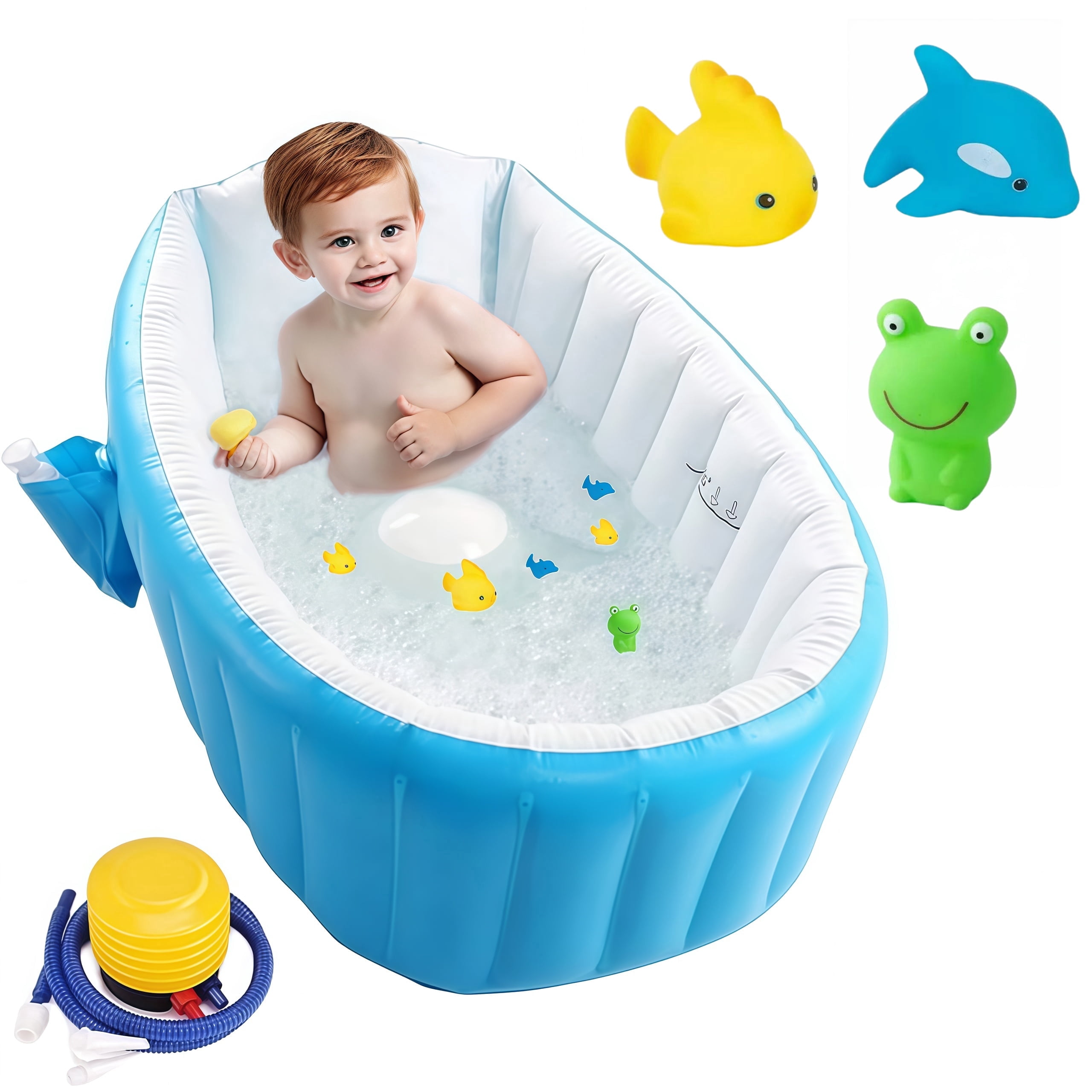 Anti-slip Inflatable Baby Tub,Foldable Shower Basin for Newborn,Comes with Pump ,Patching tools and Bathing toys（dolphins, Fish, frogs）