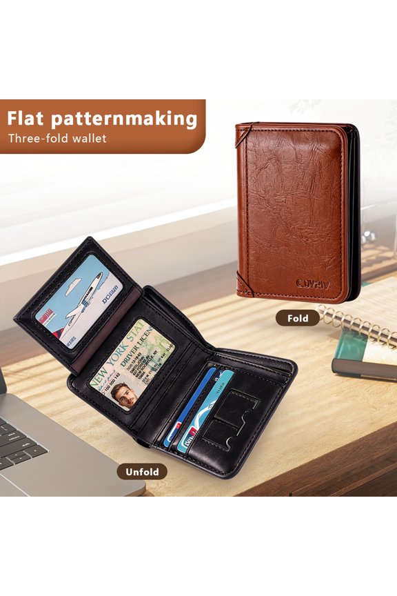 Anti-theft Brush Three-fold Genuine Leather Men's Wallet, First Layer Cowhide Retro Short Multi-function Card Position Wallet with Two Windows Gift for His Father's Day Gift.