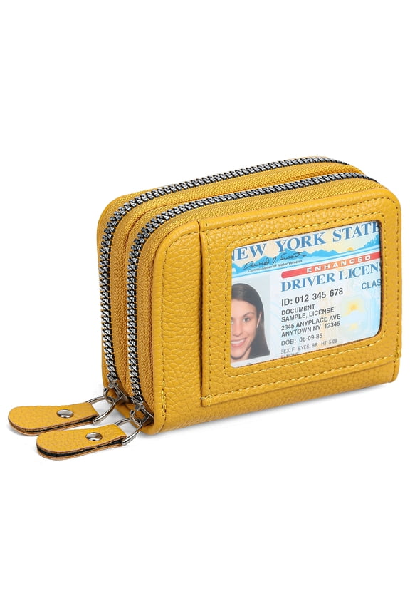 Anti theft Card Swinging Bag for Women, Multiple Card Slot, Double Zippers, Pu Coin Wallet, Mango Yellow