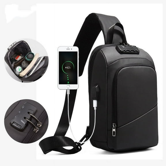 Anti-theft Lock Upscale Chest Bag Men Shoulder Bags USB Charging Crossbody Bags Summer Short Trip Travel Messengers Bag Unisex,Black