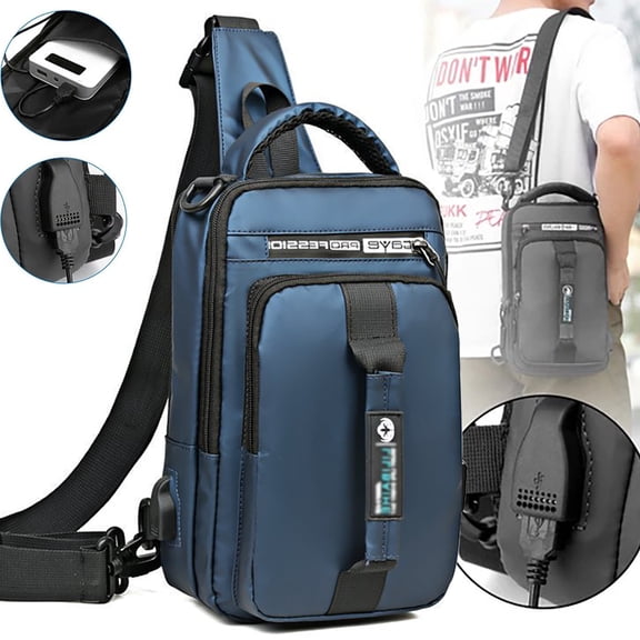 Anti-theft Men's Crossbody Sling Bag with USB Port, Chest Shoulder Messenger Backpack. (Blue)