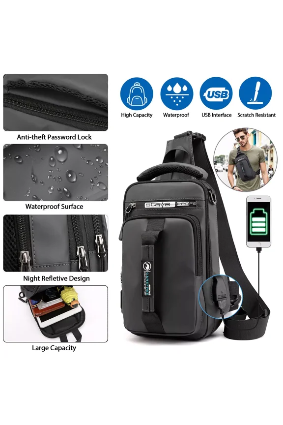 Anti-theft Men's Sling Crossbody Bag Chest Shoulder Messenger Backpack USB Port