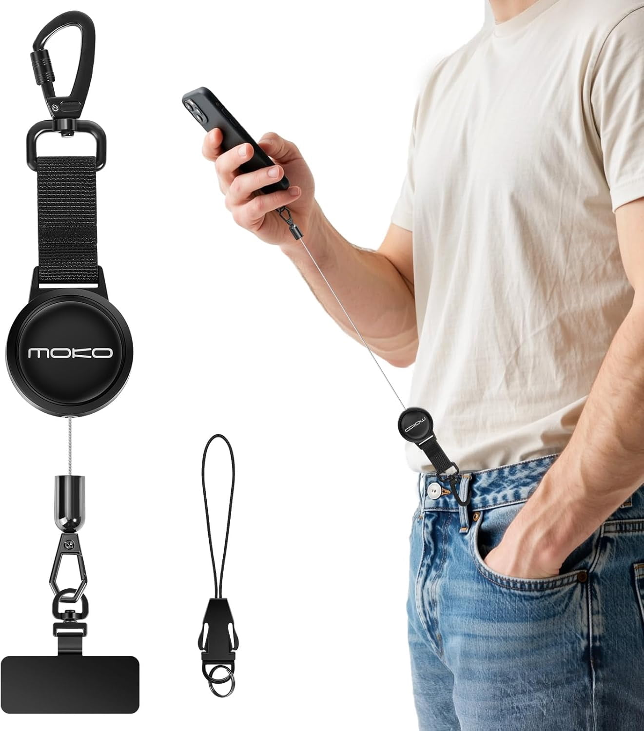 Anti-theft Phone Tether, Lanyard Retractable Steel Line Cellphone Strap with Locking Carabiner and Metal 360° Tether Tab for Outdoor Skiing Hiking Climbing Fishing, Black