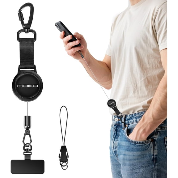 Anti-theft Phone Tether, Phone Lanyard Retractable Steel Line Cellphone Strap with Locking Carabiner and Metal 360 Tether Tab for Outdoor Skiing Hiking Climbing Fishing, Black
