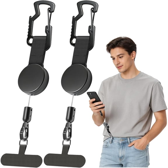 Anti-theft Phone Tether, Steel Retractable Lanyard, Anti-drop & Anti Theft, Universal Anchor Fit iPhone, Cellphone Strap with Carabiner for Running Climbing Fishing Hiking(2 Pack)