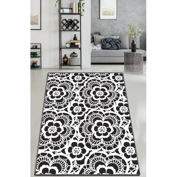 Antibacterial Area Rug, Black & White, 31.5 x 47.2 inches | 100% Polyester, 0.4 in Pile Height | Non-Slip Felt Dot Underside, Machine Washable at 30C | Durable,