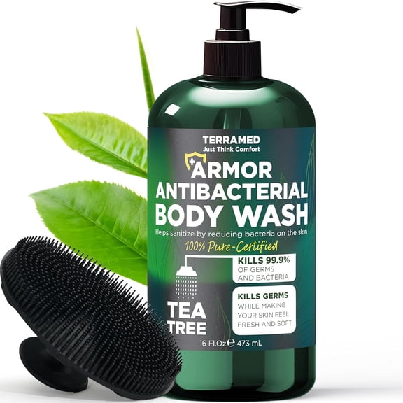 Antibacterial Body Wash with Tea Tree Oil | Antibacterial Soap for Men & Women | Kills 99.9% of Germs & Bacteria | Helps with Back Acne, Body Odor & Skin Irritation | Includes Scrubber 16 fl oz