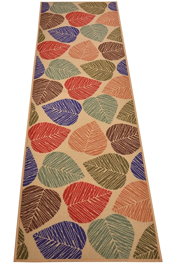 Antibacterial Custom Runner Rug Beige Leaves Design Roll Runner 26 Inch or 31.5 Inch Wide x Your Length Size Choice Slip Skid Resistant Rubber Back, Cut to Size Runner Rug